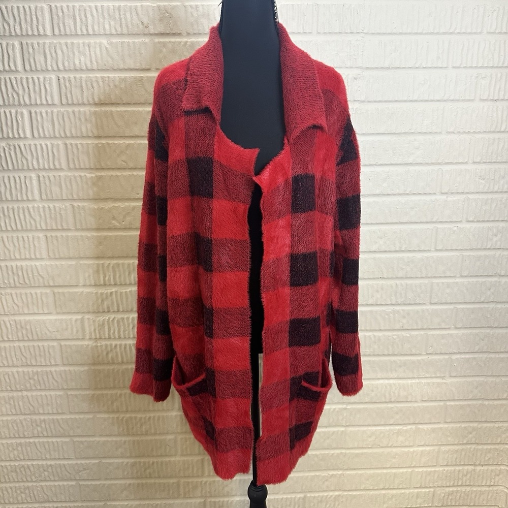 ALI MILES‎ Sz XL Open Front Fly Away Cardigan Jacket Red Plaid Fall Soft Warm